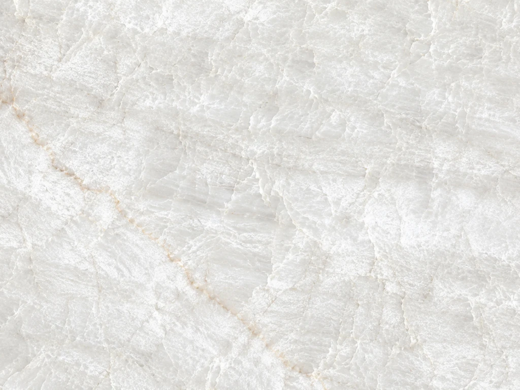 Bianco Belluno printed quartz slab by AsiaQuartz - soft grey-white background with pale-grey mineral textures and warm-beige gold veins for kitchen countertops and wall installations