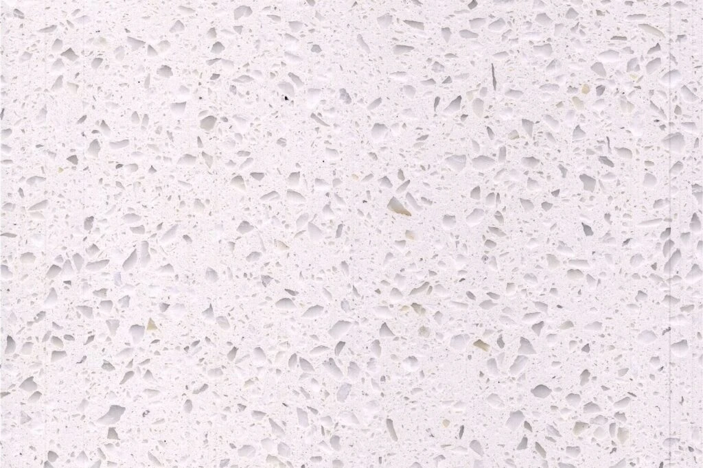 Bianco Perla terrazzo slab by AsiaQuartz - soft white base with pearl-white, light-grey and warm ivory fine aggregates for kitchen countertops and wall installations