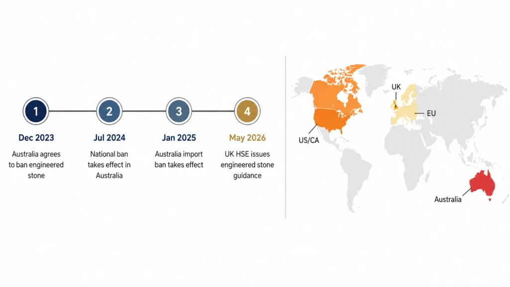 engineered stone ban timeline 2023 to 2026 australia ban july 2024 us california scrutiny uk hse guidance may 2026