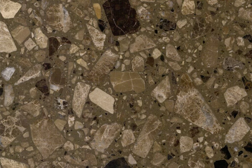 Marrone Matera terrazzo slab by AsiaQuartz - deep taupe-brown base with cream, honey beige, medium brown and coffee mineral aggregates for kitchen countertops and reception desks