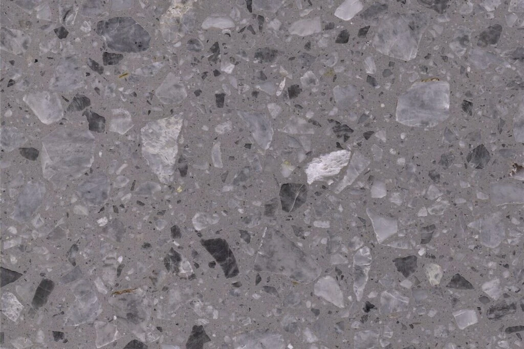 Grigio Milano terrazzo slab by AsiaQuartz - medium grey base with silver grey, charcoal and ivory off-white aggregates for kitchen countertops and wall cladding