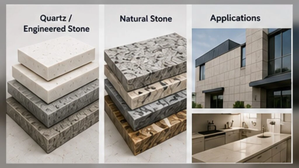 Scope of GB 46028-2025 covering quartz engineered stone, natural stone and common building applications.