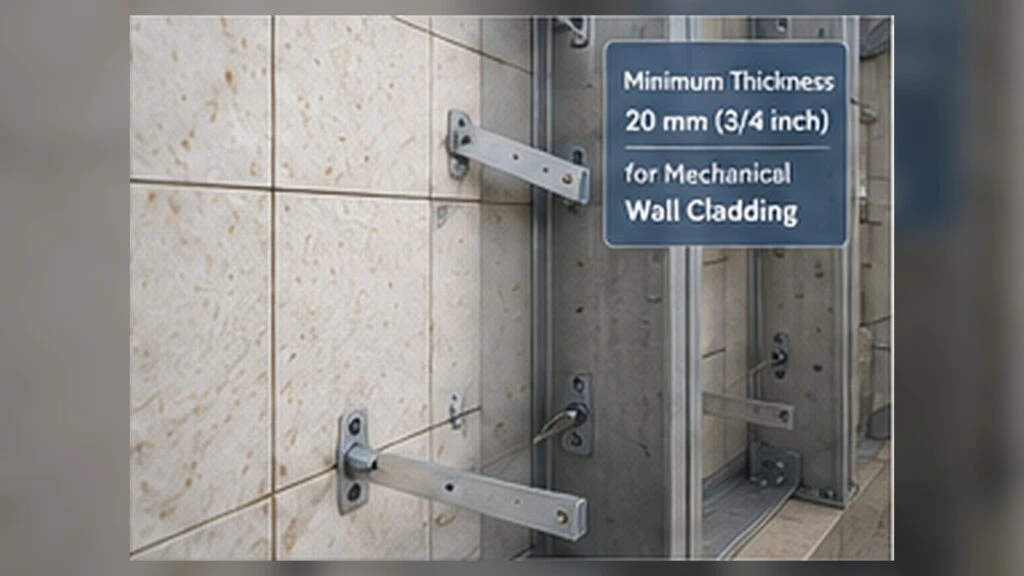 Mechanical stone wall cladding system illustrating the minimum panel thickness requirement under GB 46028-2025.