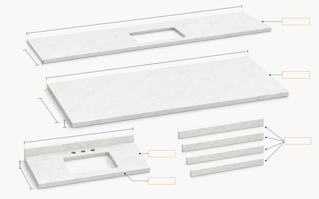 Common prefab quartz formats including kitchen tops, islands, vanity tops and backsplashes