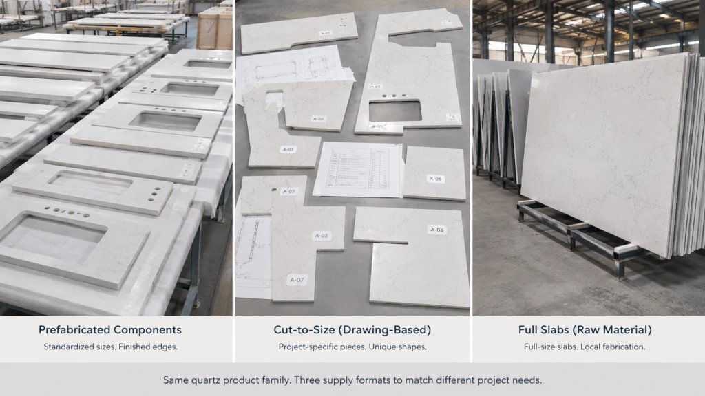 Prefab components, cut-to-size pieces and full quartz slabs compared side by side