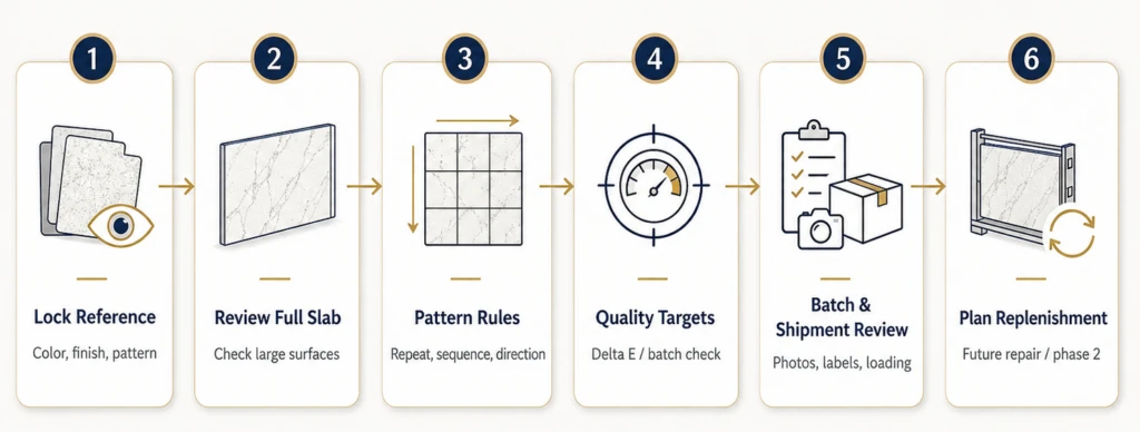 6-step printed quartz project review flow for commercial projects, including reference approval, full-slab review, pattern rules, quality targets, batch shipment review, and replenishment planning