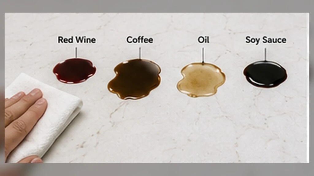 Quartz slab cleanability and stain-resistance screening using wine, coffee, cooking oil and soy sauce.