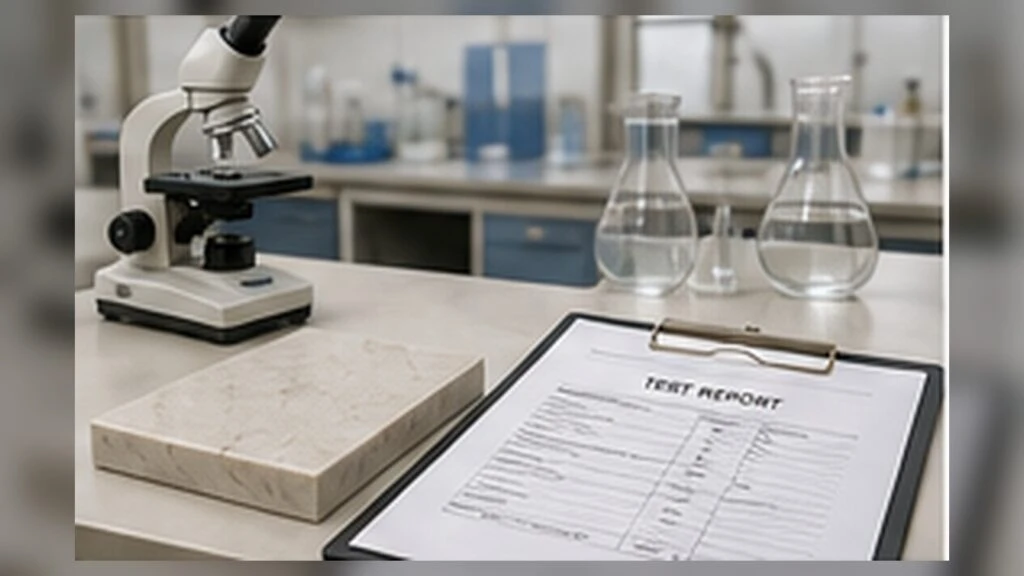 Controlled carbonate-reaction screening on quartz slab samples to identify possible acid-reactive mineral filler.