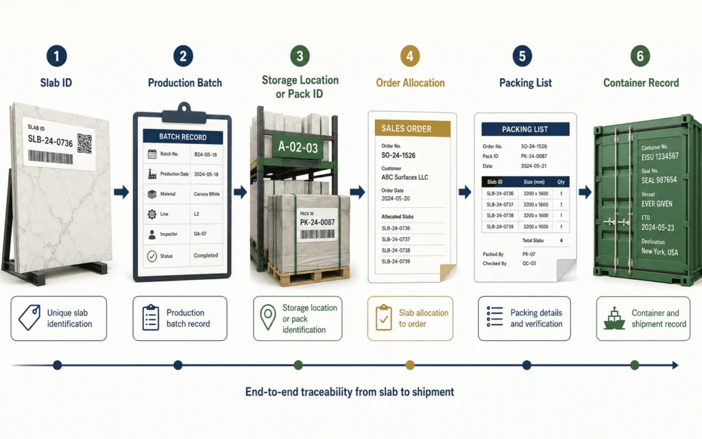 Quartz slab storage, batch, packing list and container traceability workflow