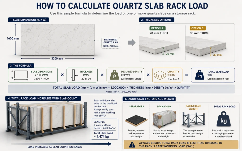 Quartz slab storage rack load calculation using slab size, thickness, density and quantity