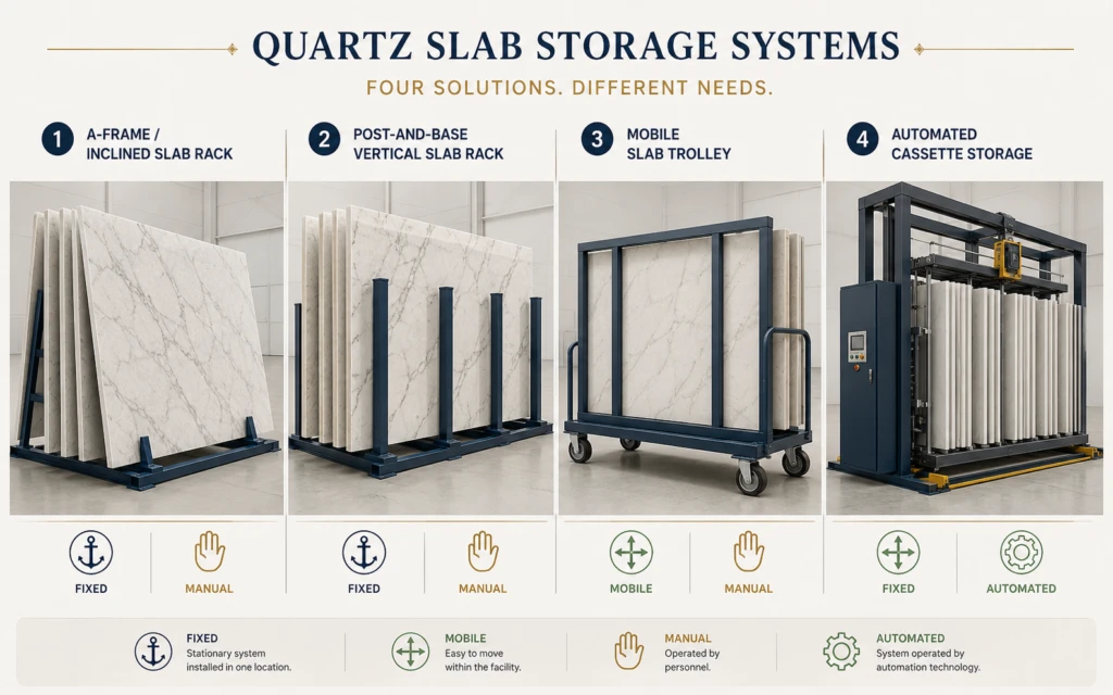 Comparison of quartz slab storage racks, mobile trolleys and automated cassette systems