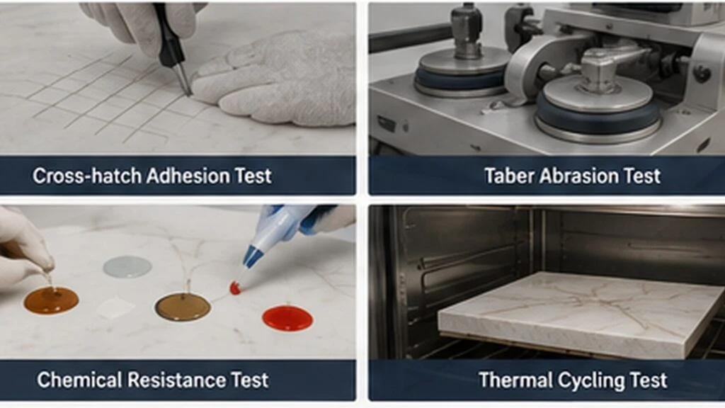 Adhesion, abrasion, chemical resistance and thermal cycling tests for silica-free decorative quartz.