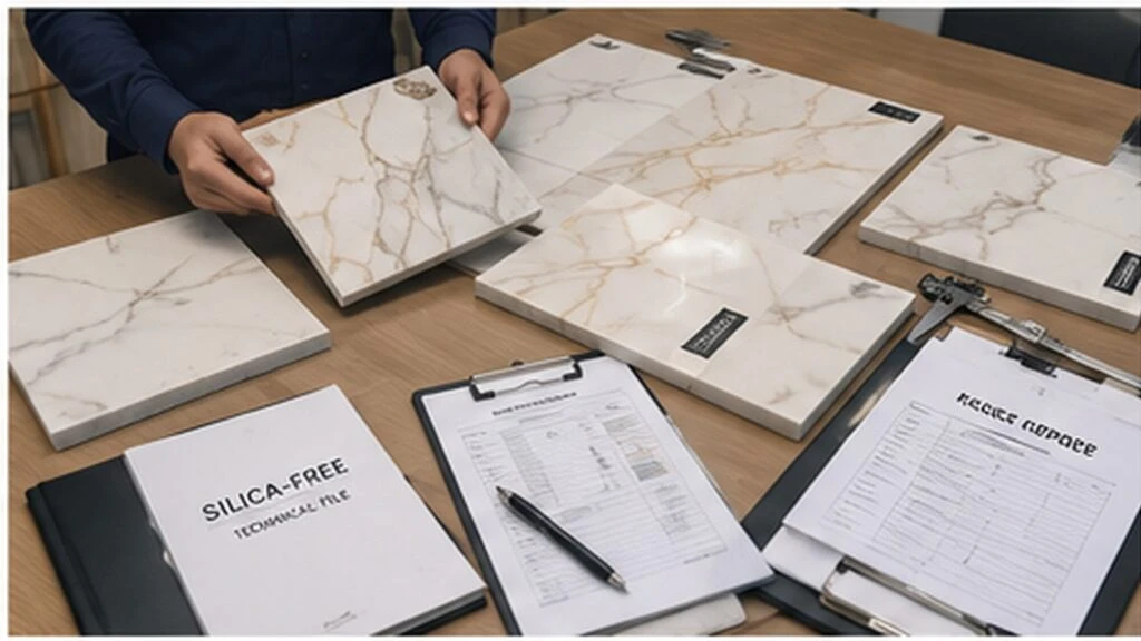 Buyer comparing silica-free decorative quartz samples with marble-look patterns, technical documents and test reports on a table.