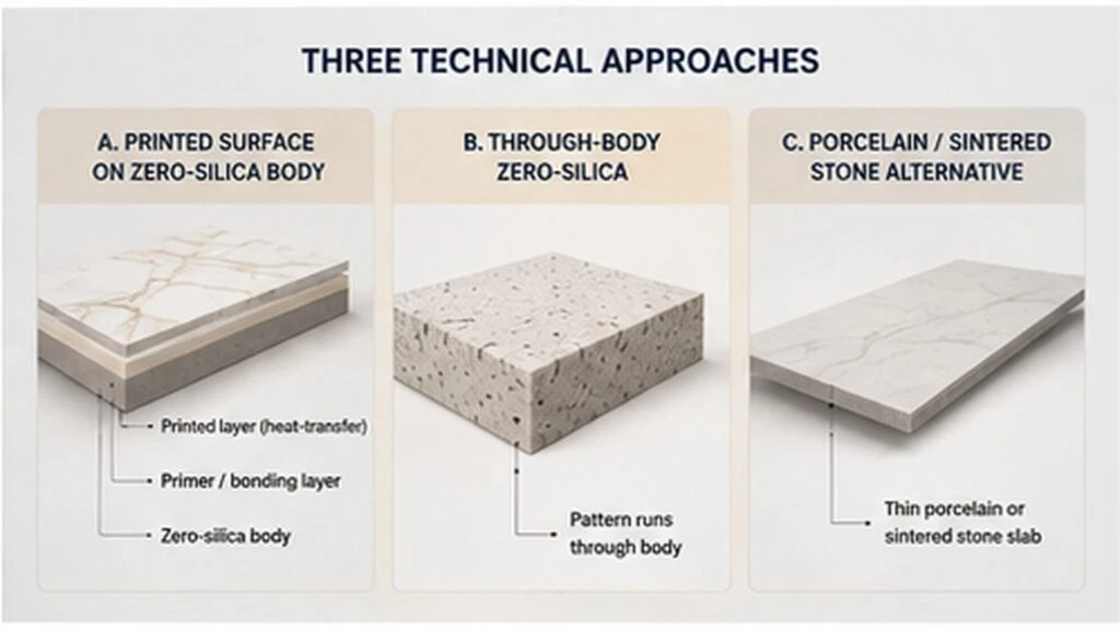 Comparison of printed zero-silica body, through-body zero-silica slab and porcelain or sintered stone routes.