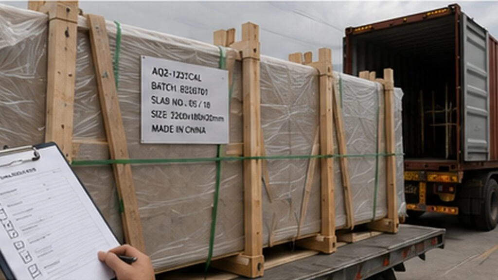 Silica-free decorative quartz slabs packed in wooden frames with batch labels before container loading.