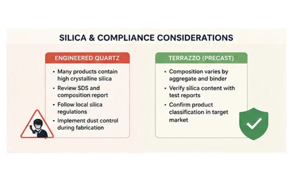 Terrazzo and quartz silica compliance considerations for project buyers