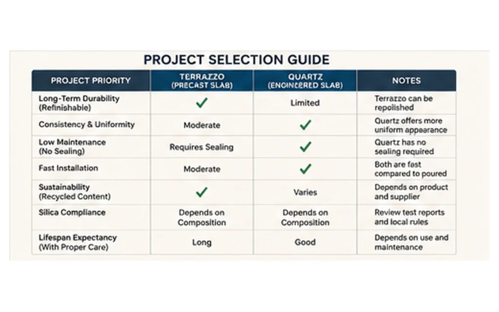 Terrazzo vs quartz project procurement selection matrix