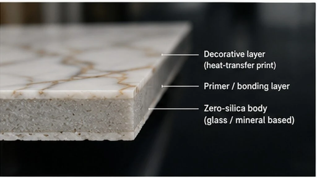 Cross-section of decorative quartz showing the printed layer, bonding layer and zero-silica mineral body.