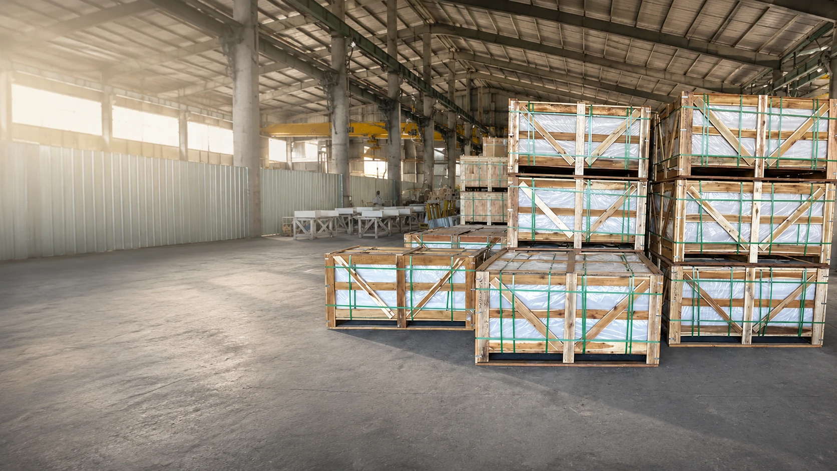 Quartz products secured in reinforced wooden crates for export packing and shipment preparation