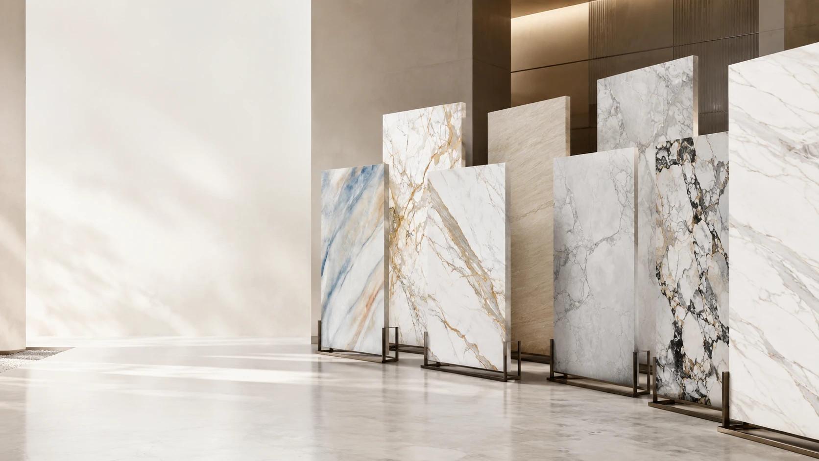 Quartz slab collection displaying multiple colors and surface designs for B2B buyers