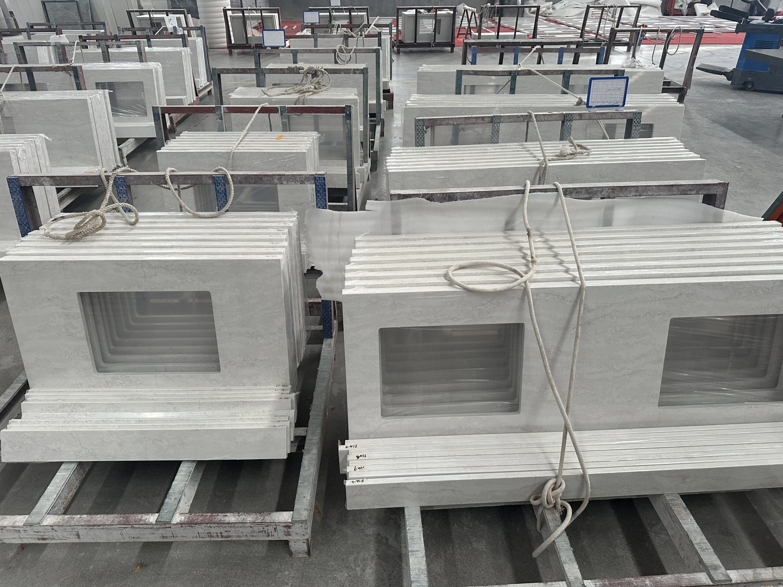 Prefabricated quartz countertops and components prepared for efficient project installation