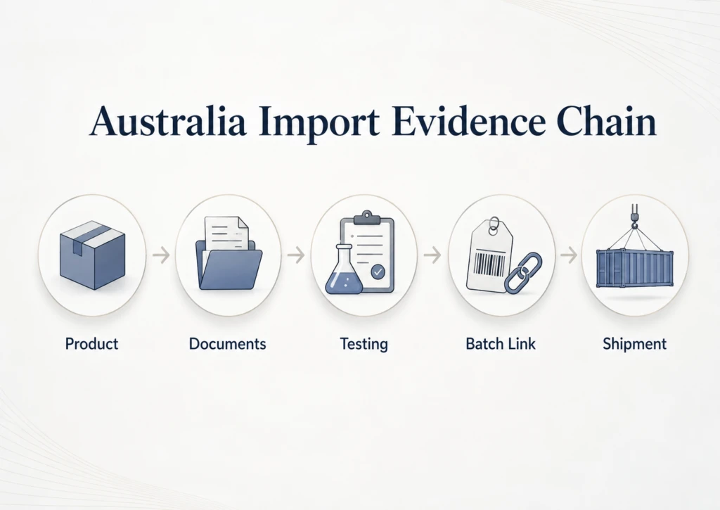 Australia engineered stone import evidence chain linking product documentation, testing, batch traceability and shipment records.