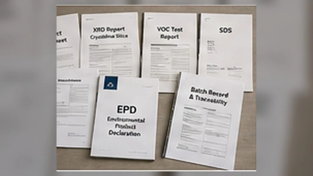 Commercial quartz documentation package including product identity, silica report, VOC data, SDS, EPD and batch records.