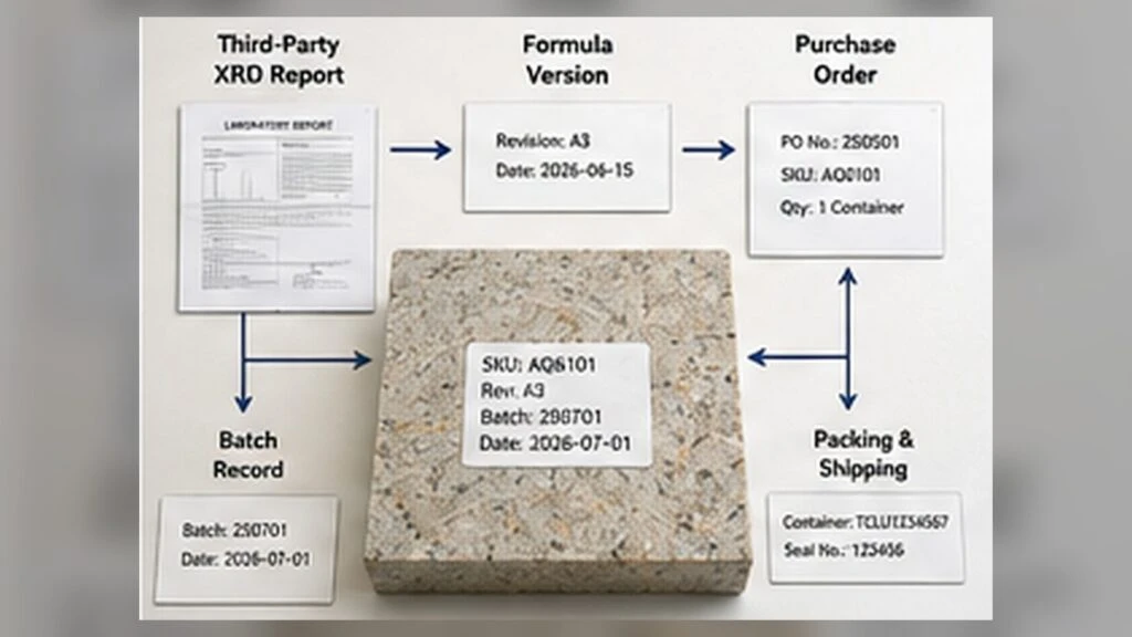 Crystalline-silica test report linked to quartz slab SKU, formulation version, batch records, purchase order and shipment documents.