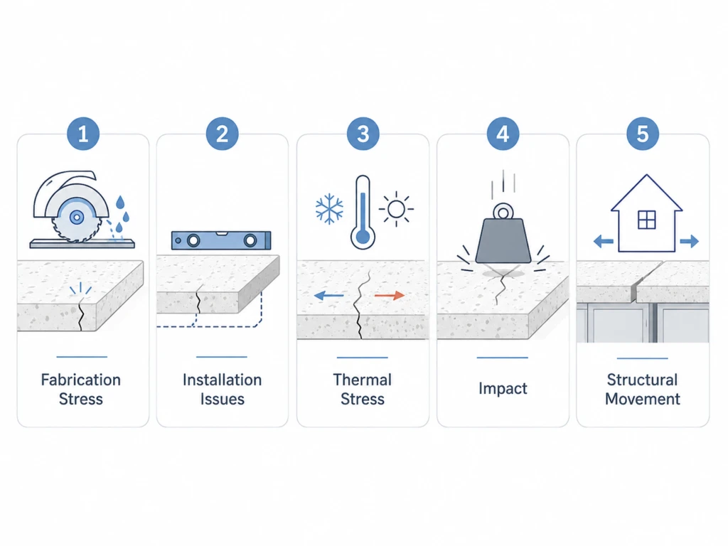 Five common causes of quartz countertop cracking including fabrication, installation, heat, impact and structural movement