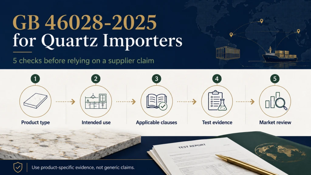 Five-step GB 46028-2025 compliance process for quartz importers covering product type, intended use, applicable clauses, test evidence and market review