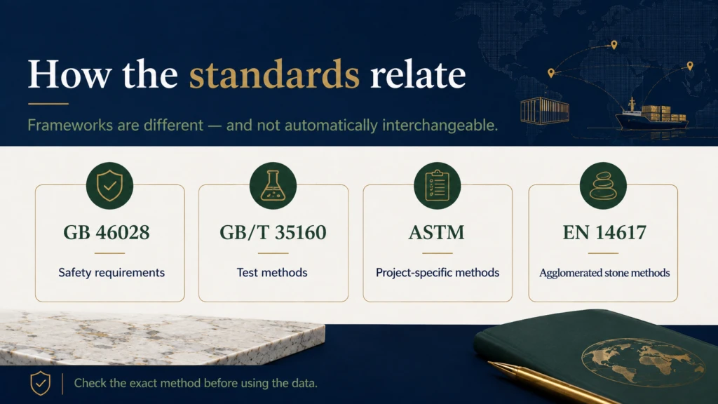 Seventeen-item GB 46028 documentation checklist organized into six categories for quartz supplier verification