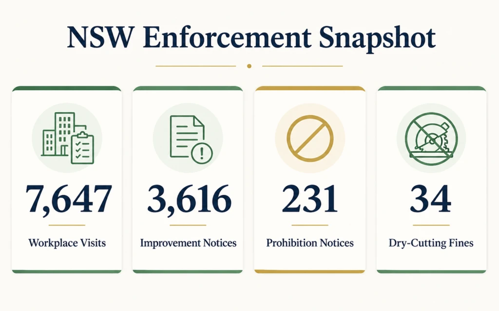 NSW silica enforcement data showing workplace visits, improvement notices, prohibition notices and dry-cutting fines