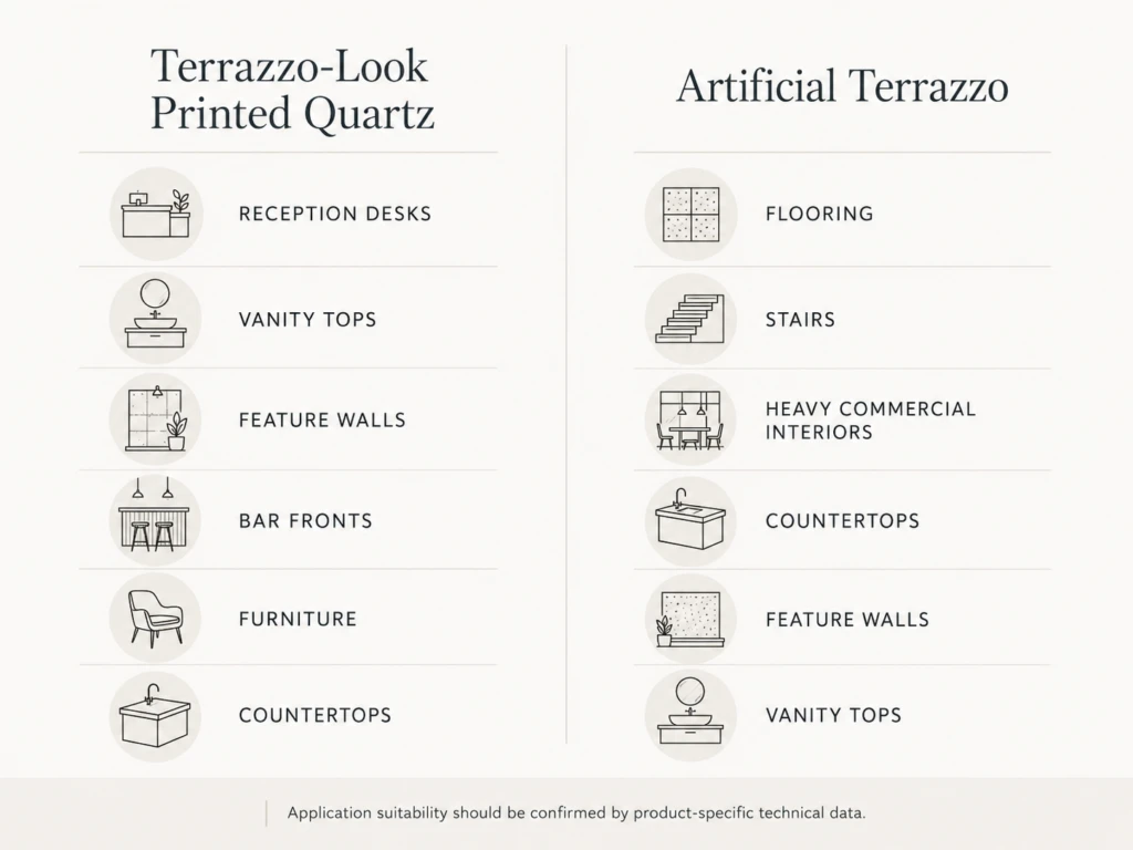 Printed quartz edge compared with through-body artificial terrazzo aggregate