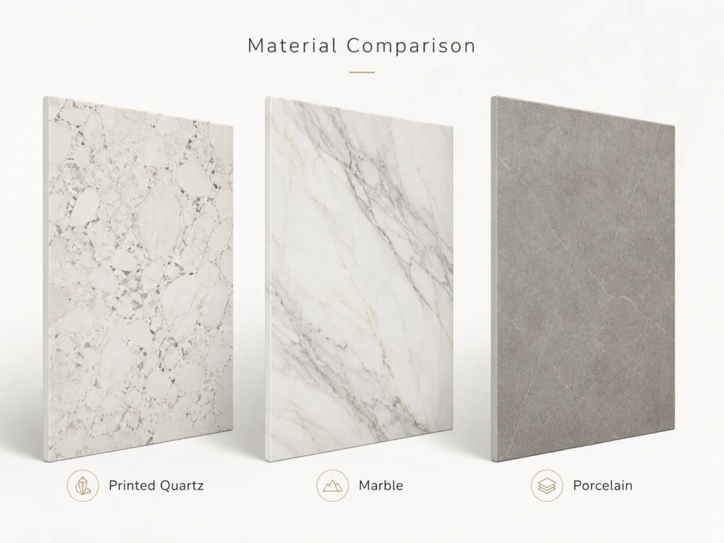 Printed quartz, natural marble and porcelain slabs shown side by side for B2B material comparison.