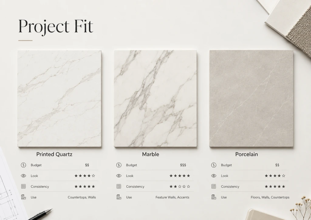 Printed quartz, natural marble and porcelain compared by appearance, consistency, budget and typical project use.