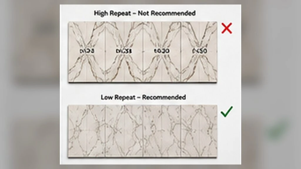 Printed quartz pattern repeat comparison showing how controlled variation reduces obvious repetition across adjacent slabs.
