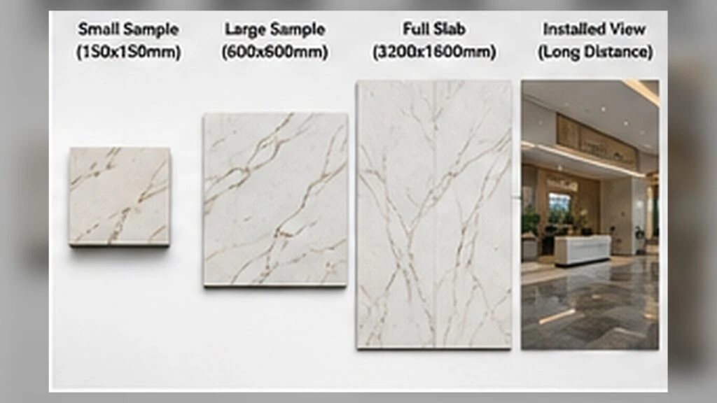 Printed quartz pattern scale compared across a small sample, large sample, full slab and installed long-distance view.