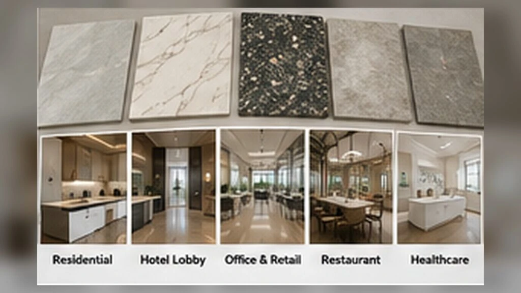 Printed quartz pattern directions matched to residential, hotel, office, retail, restaurant and healthcare project types.