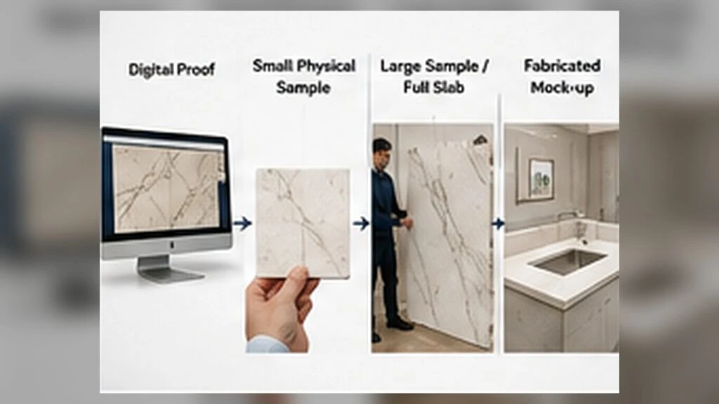 Printed quartz sample approval process from digital proof and physical sample to full slab and fabricated mock-up.