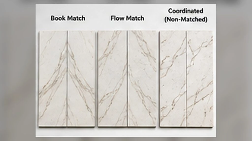 Printed quartz seam and vein matching options showing book match, flow match and coordinated non-matched layouts.