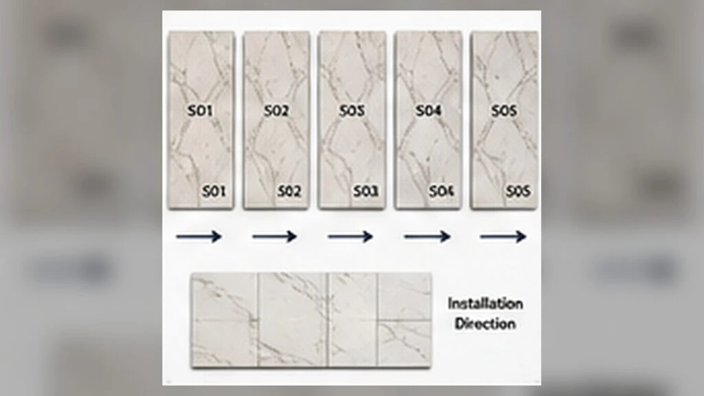 Printed quartz slab sequencing and installation layout used to control direction, repetition and panel order.