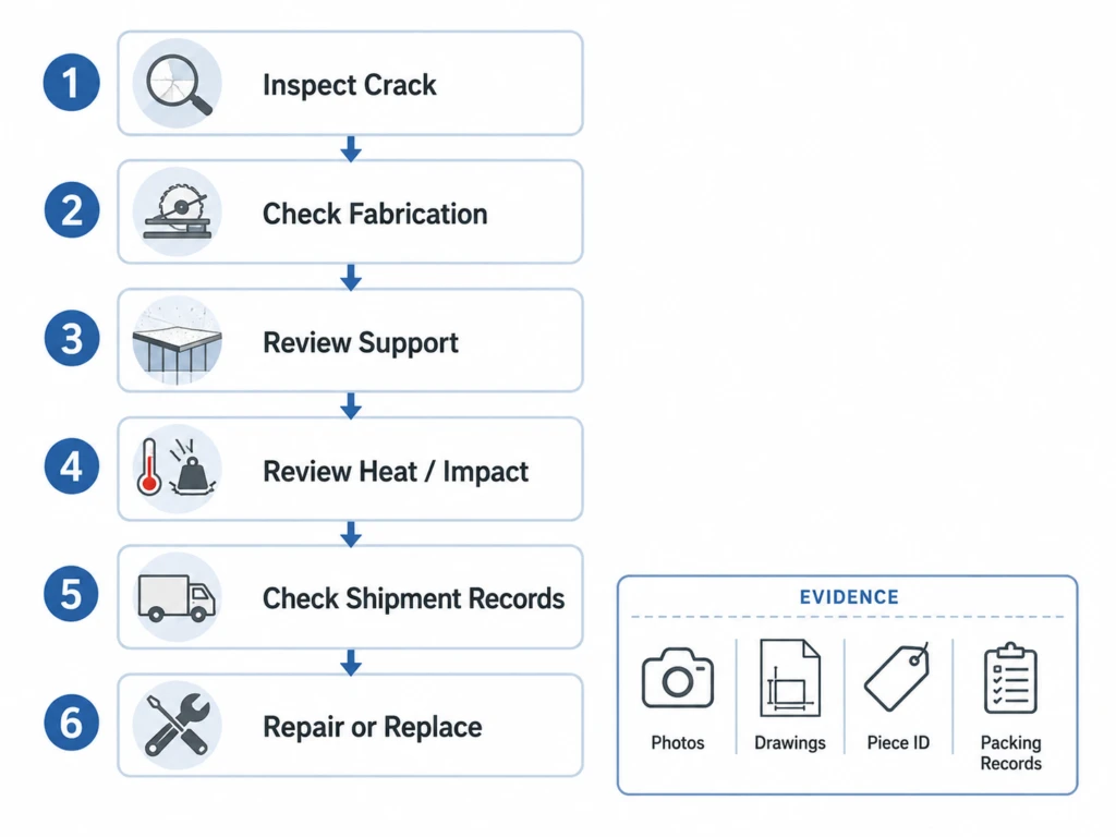 Quartz countertop crack claim investigation workflow covering fabrication, installation, heat, impact and shipment records