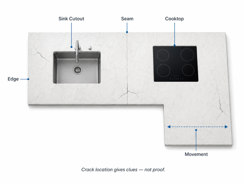 Quartz countertop crack diagnosis map showing common crack locations near sink cutouts, cooktops, seams and edges