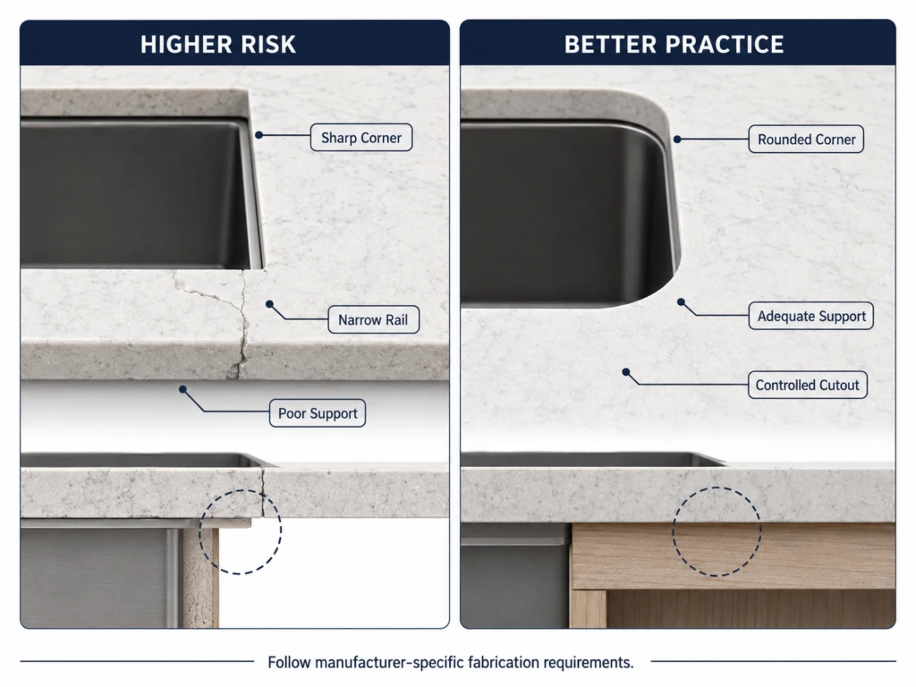 Quartz countertop cutout crack prevention comparing high-risk sharp corners with supported rounded cutouts