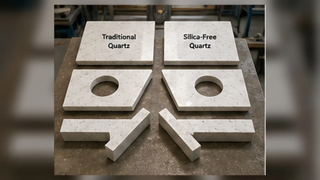 Fabrication trial comparing cutting, sink cut-outs, miter joints and edge quality for traditional and silica-free quartz products.