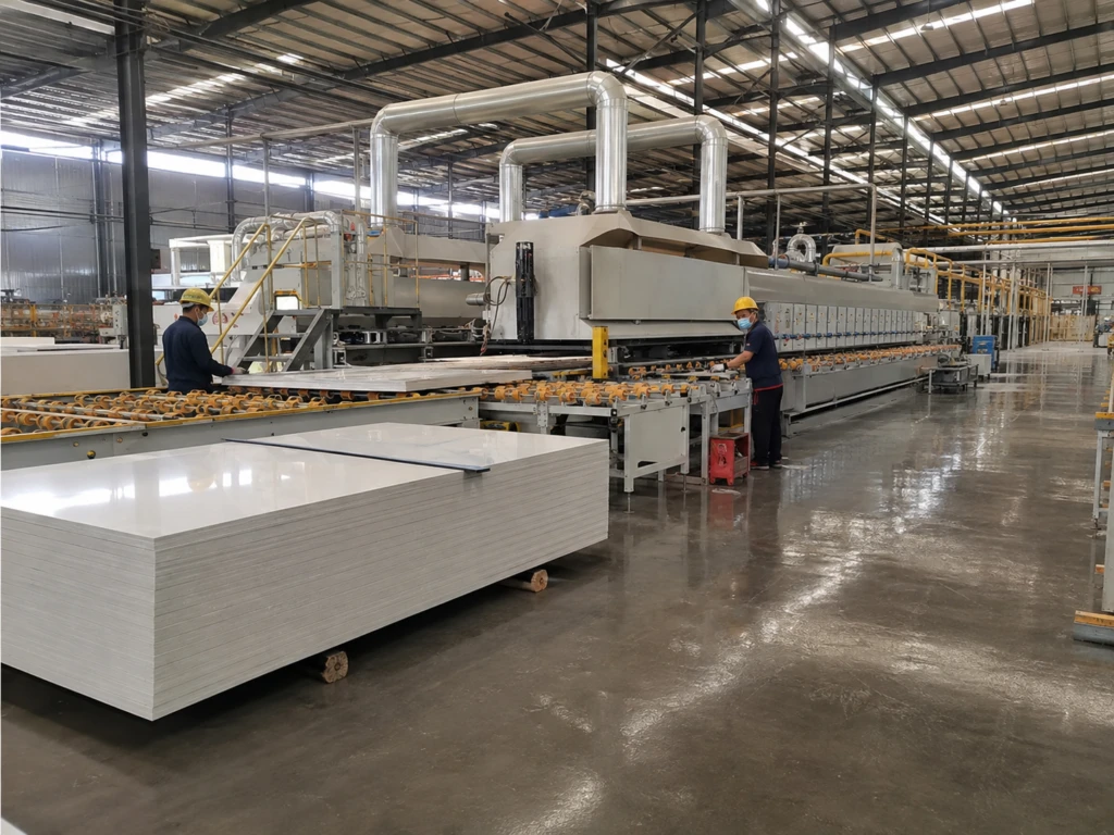 Quartz slab production line with finished slabs and workers inside an engineered stone factory.