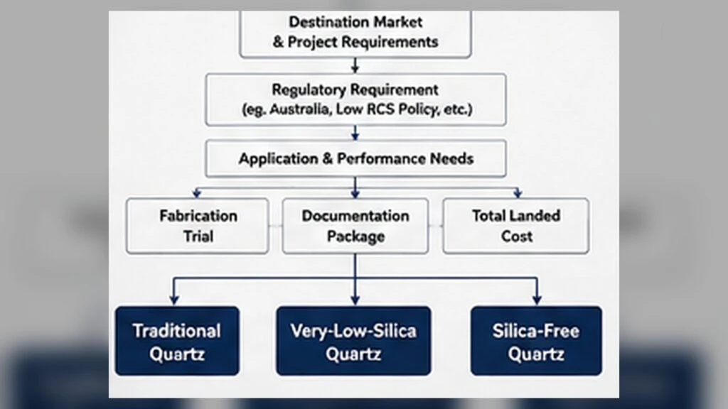 Quartz product route decision matrix based on destination market, regulation, application, fabrication testing, documentation and landed cost.