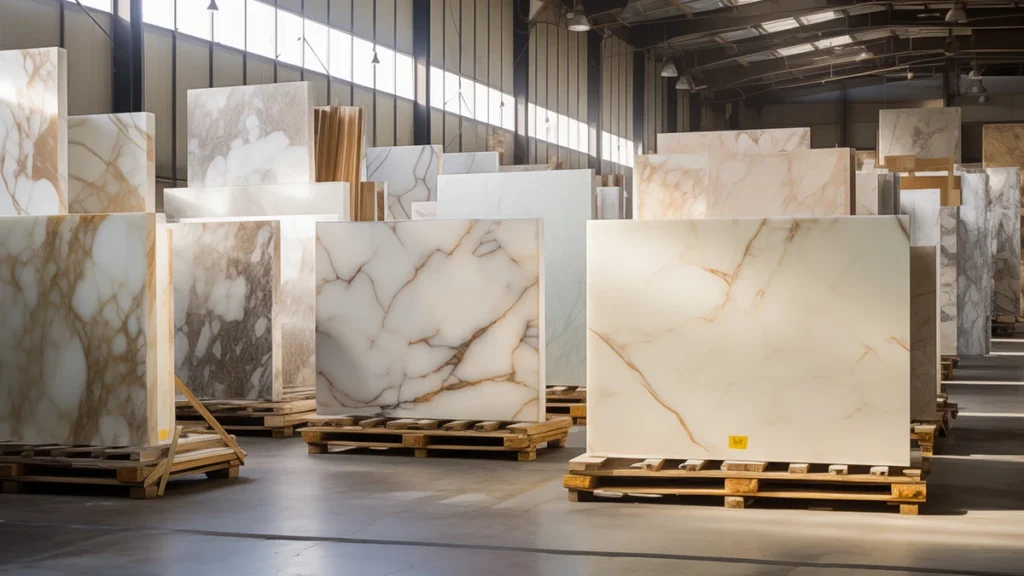 Quartz slabs in warehouse packing - batch consistency verification by AsiaQuartz