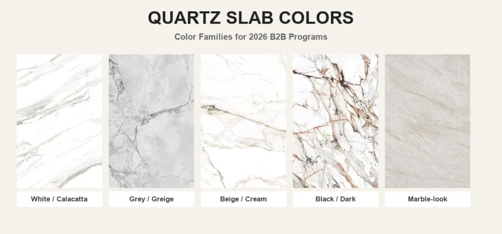 Quartz slab colors - 2026 color family overview (white, grey, beige, black, marble-look) by AsiaQuartz