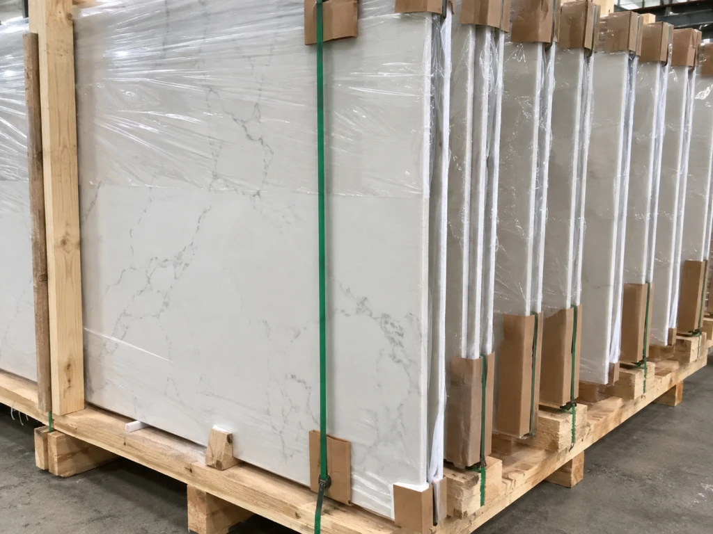 Quartz slabs secured in wooden export frames with plastic wrapping, edge protectors and green straps.